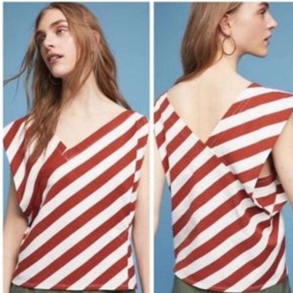 Anthropologie Maeve Unique Cut Striped Top in Rust & White Size M